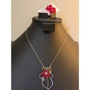 Red Glass Floral Crystal Sterling Necklace & Earring Set